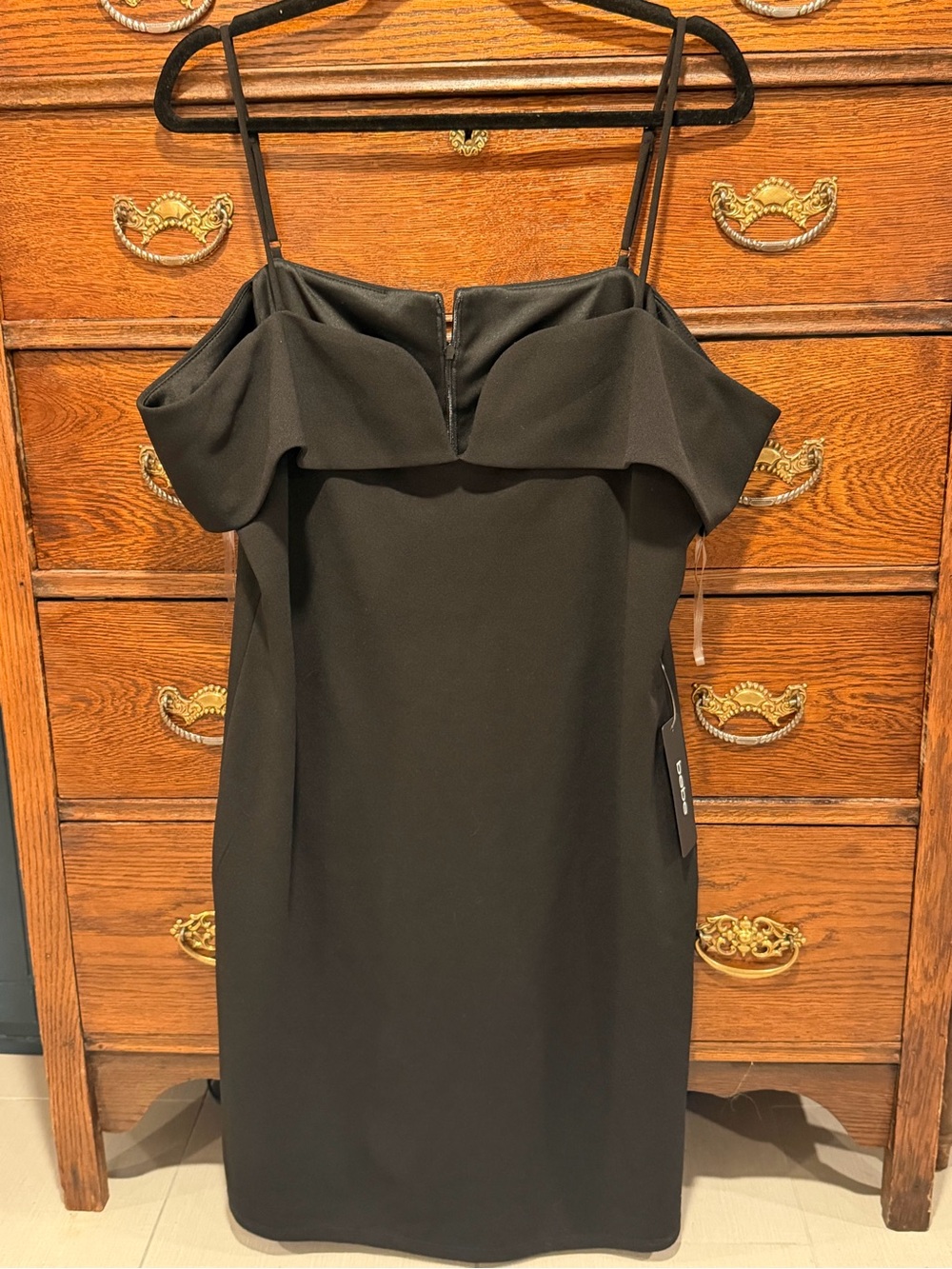 bebe Black Off-Shoulder Ruffle Sheath Dress